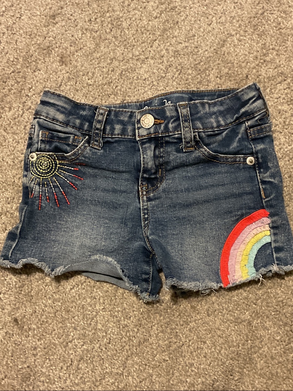 Embroidered Rainbow Denim Shorts - Blue